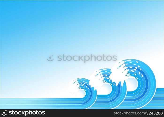 Vector illustration of three retro water waves spiraling backwards with stylized white splashes. Copy space.