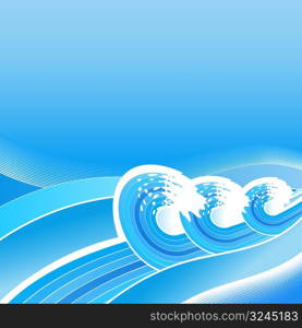 Vector illustration of three stylized retro waves with lined artwork patterns flowing. Blue and cyan.