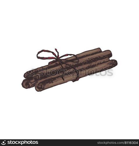 Vector illustration of tied cinnamon sticks drawn by hand. Cinnamon is a New Year’s seasoning, aromatic spice.