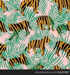 Vector illustration of tigers with tropical palm leaves on a pink background. Trendy seamless pattern, exotic style.. Vector illustration of tigers with tropical leaves and exotic plants on a pink background. Trendy seamless pattern.