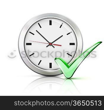 Vector illustration of timing concept with classic office clock and check mark icon isolated on white background