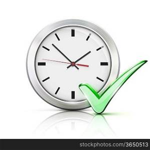 Vector illustration of timing concept with classic office clock and check mark icon isolated on white background