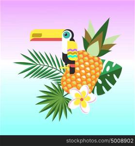 Vector illustration of Toucan and tropical plants, pineapple, plumeria flower.