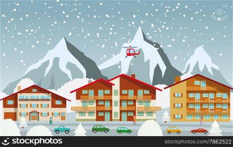 Vector illustration of tourist center in the Alps