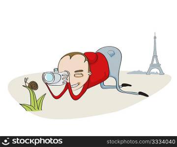 Vector Illustration of Tourist in Paris taking pictures of snail