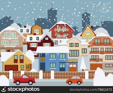 Vector illustration of town in winter