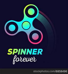 Vector illustration of toy for improvement of attention span. Creative concept of multicolor fidget spinner with trace of rotation and text on black background. Flat style design of stylish hand spinner for web, site, banner, game presentation