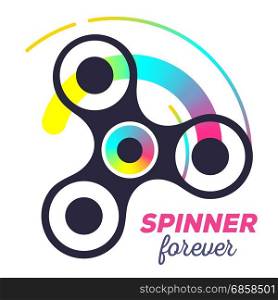 Vector illustration of toy for improvement of attention span. Creative concept of black fidget spinner with multicolor trace of rotation and text on white background. Flat style design of stylish hand spinner for web, site, banner, game presentation