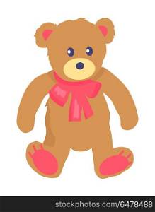 Vector Illustration of Toy Teddy Bear with Baw. Minimalistic vector template of plush toy for kids namely Teddy bear with little black eyes and nose, with crimson baw and inserts isolated on white.