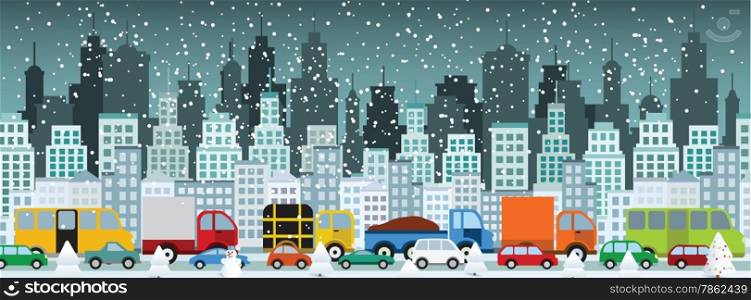 Vector illustration of traffic jam in the city (Winter)