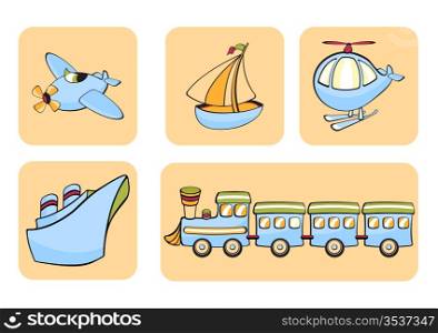 Vector Illustration of transportation icons. Includes airplane, sailboat, helicopter, ship and train on the biege background.