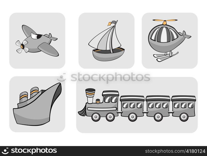 Vector Illustration of transportation icons. Includes airplane, sailboat, helicopter, ship and train.