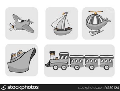 Vector Illustration of transportation icons. Includes airplane, sailboat, helicopter, ship and train.