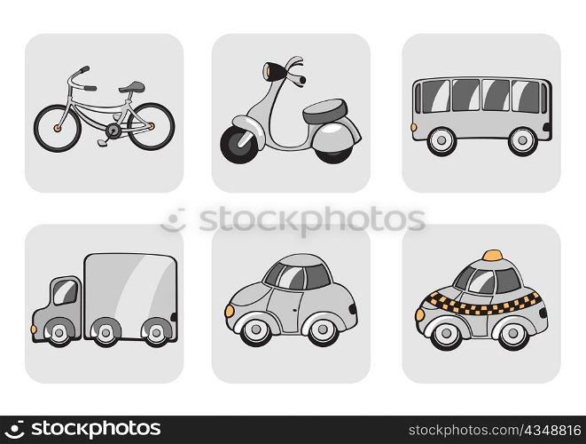 Vector Illustration of transportation icons. Includes bicycle, minibike, bus, track, car and taxi.