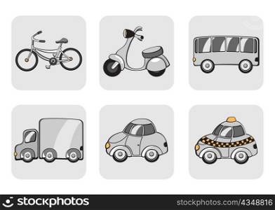 Vector Illustration of transportation icons. Includes bicycle, minibike, bus, track, car and taxi.