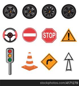 Vector Illustration of transportation icons. Includes wheel rims, steering wheel, traffic light, road and traffic signs.
