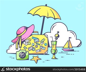 Vector illustration of travel suitcase with summer accessories on blue background. Colorful hand draw line art design for web, site, advertising, banner, poster, board and print.