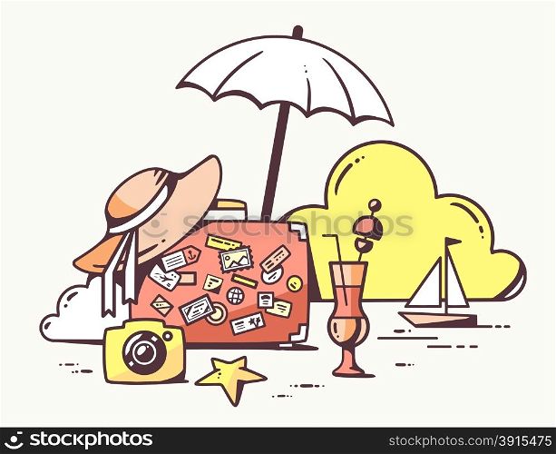 Vector illustration of travel suitcase with summer accessories on light background. Retro color hand draw line art design for web, site, advertising, banner, poster, board and print.