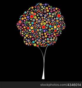 Vector illustration of tree shape made up a lot of multicolored small flowers on the black background