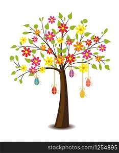 Vector illustration of tree with flowers. Floral decoration of eggs for Happy Easter.. Tree with flowers