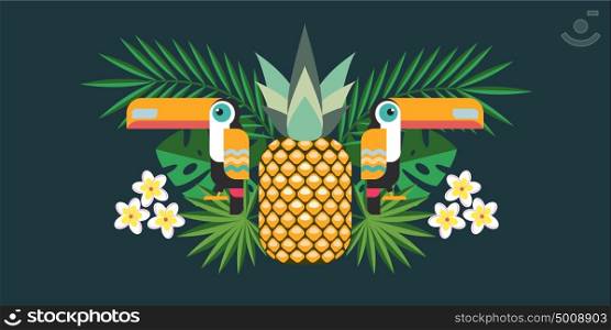 Vector illustration of tropical birds Toucans, pineapple, tropical flowers and exotic leaves.