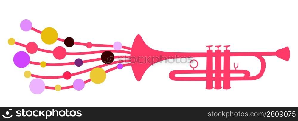 Vector illustration of trumpet silhouette decorated with colored circle drops, as a symbol of melody