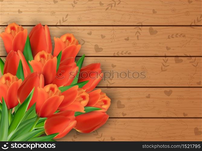 Vector illustration of Tulips flowers on a wooden background