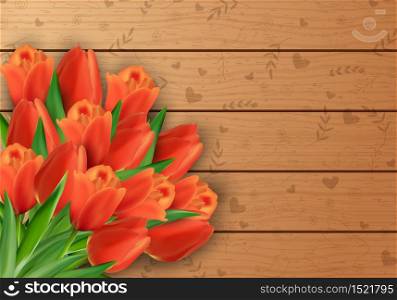 Vector illustration of Tulips flowers on a wooden background