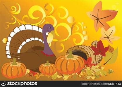 Vector illustration of turkey and pumpkins for Thanksgiving celebration