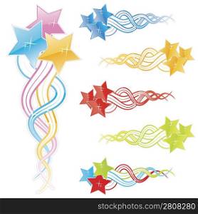 Vector illustration of twitchy glossy modern falling stars in different colors: pink, blue, green, red, yellow. Shiny finish with sparks.