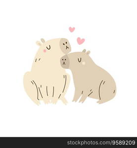 Vector illustration of two adorable capybaras in love sitting together. Cute animal characters. Vector illustration of two adorable capybaras in love sitting together