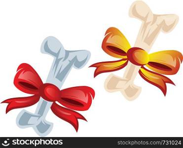 Vector illustration of two bones wraped in red and orange bows on white background.