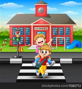 Vector illustration of Two boy crossing the road
