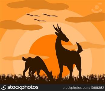 Vector illustration of two deer, mother and child are standing eating grass in the meadow at sunset. The mother protect her children. Shows the love of mother.