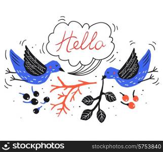 Vector illustration of two flying birds and abstract plants