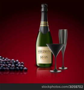 Vector illustration of Two glasses of champagne with bottle and grapes
