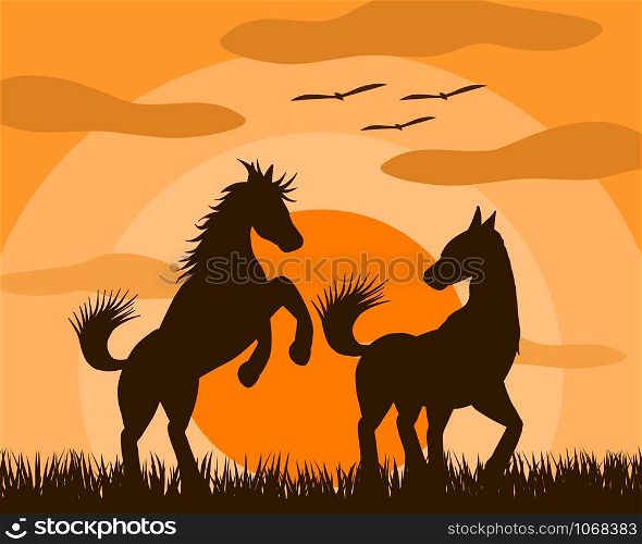 Vector illustration of two horse lovers Playing happily in the fields at sunset. It is a picture that shows beautiful love.
