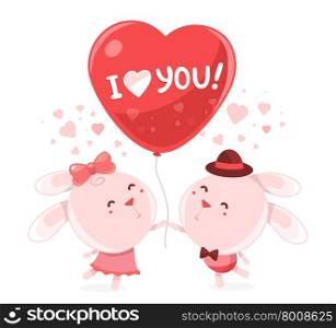 Vector illustration of two pink bunny holding big red balloon with the word love on white background. Art design for Valentine&rsquo;s Day greetings and card, web, banner, poster, flyer, brochure, print.