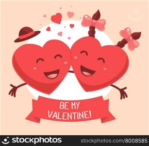 Vector illustration of two red smiling hearts with ribbon and text on pink background. Art design for Valentine&rsquo;s Day greetings and card, web, banner, poster, flyer, brochure, print.