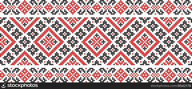 Vector illustration of Ukrainian ornament in ethnic style, identity, vyshyvanka, embroidery for print clothes, websites, banners. Background. Geometric design, border, copy space, frame