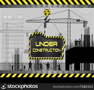 Vector illustration of Under construction worker silhouette at sunset