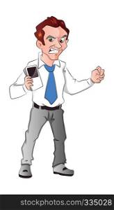Vector illustration of unhappy businessman holding cellphone, isolated on white background.