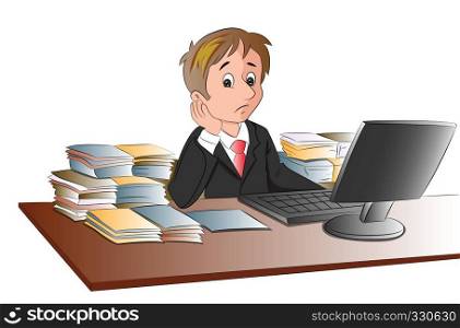 Vector illustration of unhappy businessman's desk with documents in abundance.