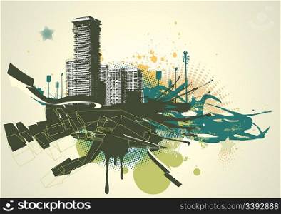 Vector illustration of urban background with grunge stained Design elements
