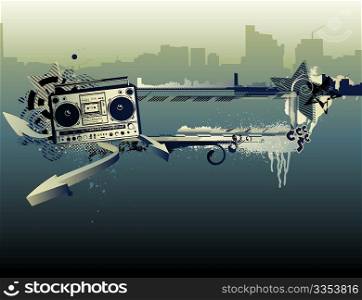 Vector illustration of urban music grunge frame with stars and boombox