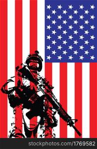 Vector illustration of US marine in front of the USA flag. Vector illustration of US marine