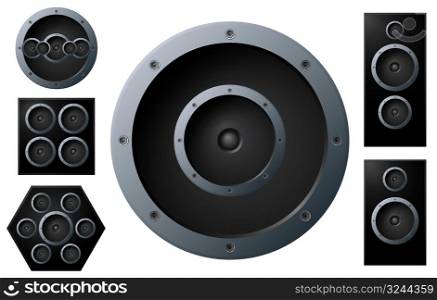 Vector illustration of various detailed gradient music speakers. Design elements.