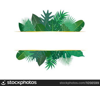 Vector illustration of various exotic green tropical leaves with banner on white background