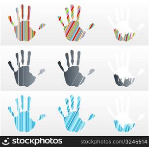 Vector illustration of various handprints with striped abstract textures. Rainbow, black and business blue.