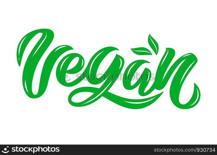 Vector illustration of Vegan text for tags, stickers, advertising and banners. Hand drawn brush lettering, calligraphy for vegan production.